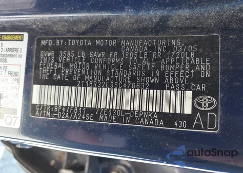 2005 Toyota Corolla Le из США, поврежденный, VIN 2T1BR32E95C470632